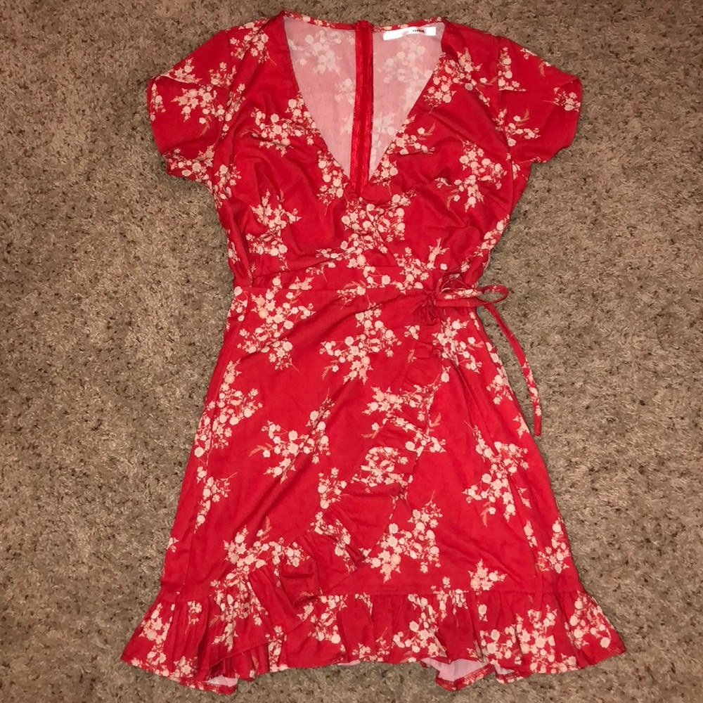 Red faux wrap floral print summer dress